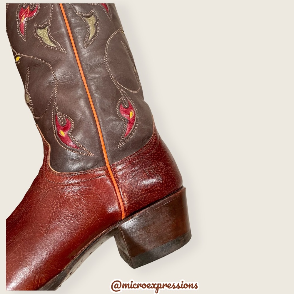 1970s VINTAGE Frye Prairie Flower Boho Brown Real Leather Western Cowboy Boots - Picture 13 of 16